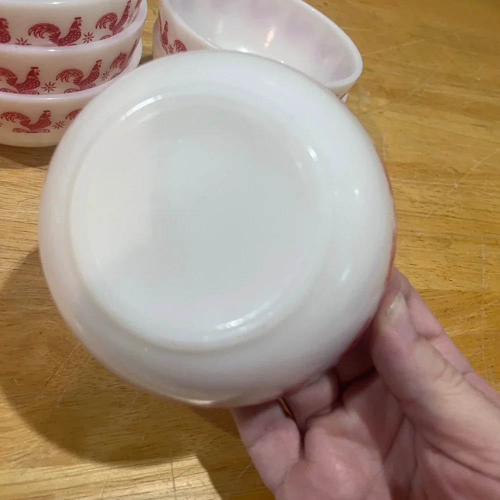 Vtg Hazel Atlas Red Rooster Milk Glass Fruit Bowls‎ Set of 6 Mid Century Modern